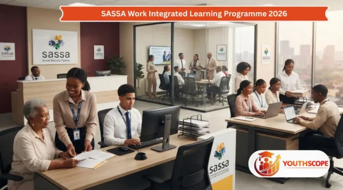 SASSA Work Integrated Learning Programme 2026 showing South African TVET graduates gaining workplace experience in a government office.