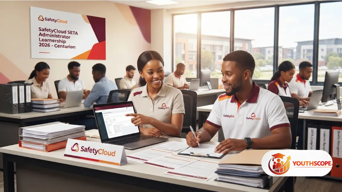 SafetyCloud SETA Administrator Learner 2026 opportunity showing young South African graduates working in a professional administration environment.