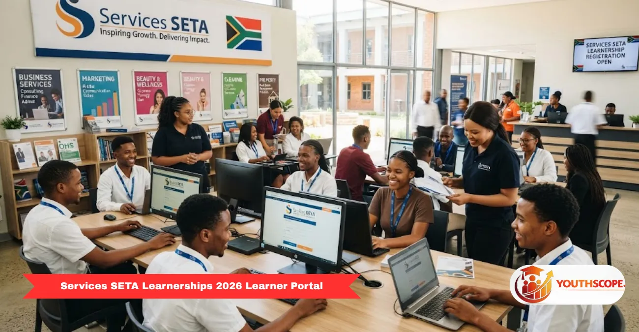 South African job seekers registering for Services SETA learnership opportunities through the Learner Portal.