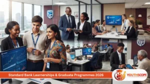 Standard Bank Learnerships and Graduate Programmes 2026 with young South African graduates in a modern banking workplace.