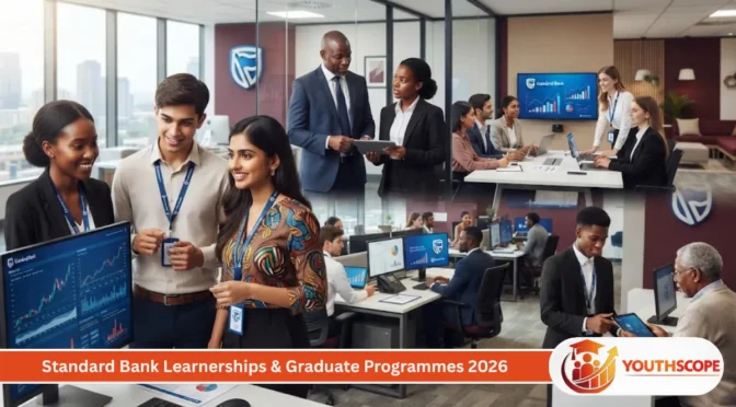 Standard Bank Learnerships and Graduate Programmes 2026 with young South African graduates in a modern banking workplace.