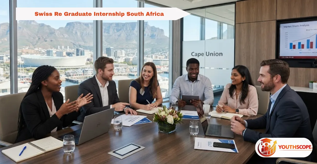 Diverse young professionals collaborating in a modern office in Cape Town for a Swiss Re internship.