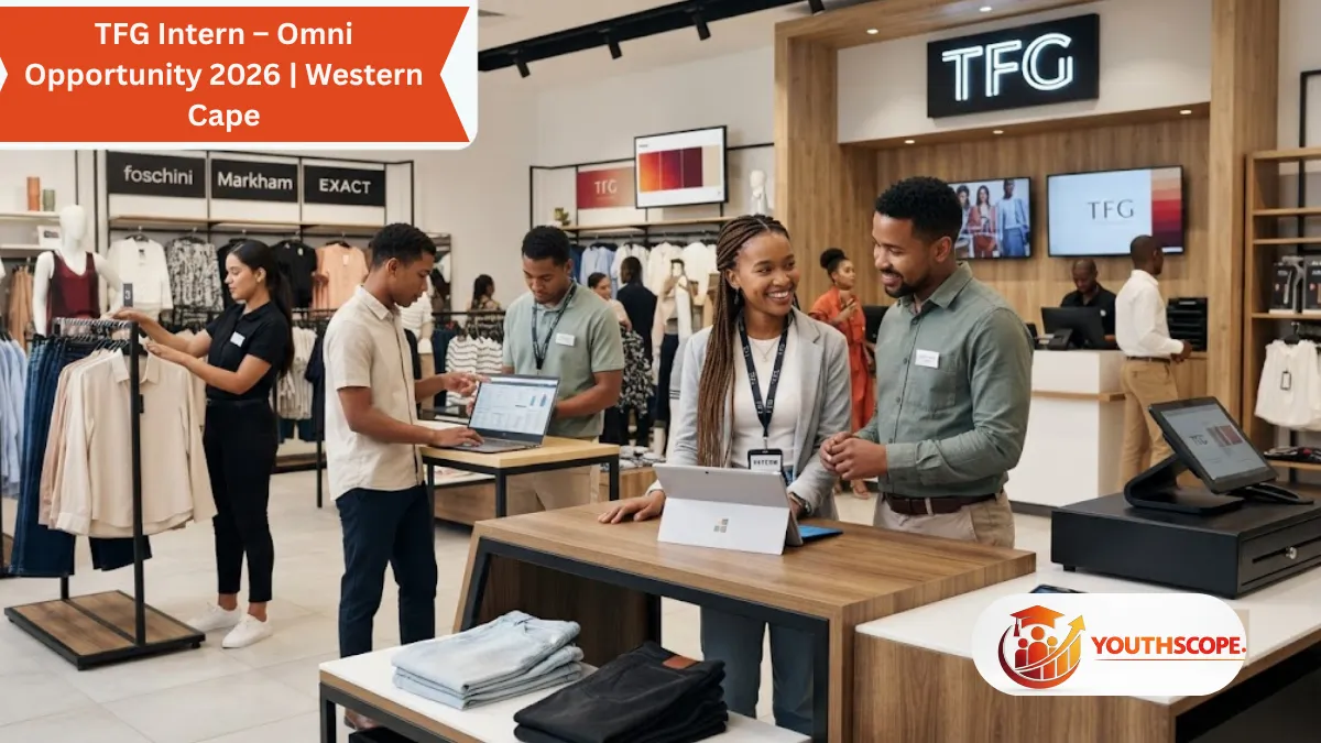 Young South African interns collaborating in a modern TFG retail store during the TFG Intern – Omni Opportunity in the Western Cape.