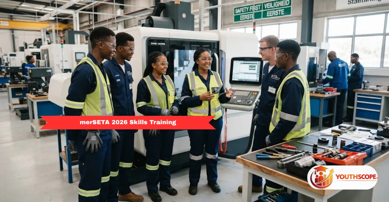 Text: Young South African youth in an engineering workplace during a merSETA learnership programme.