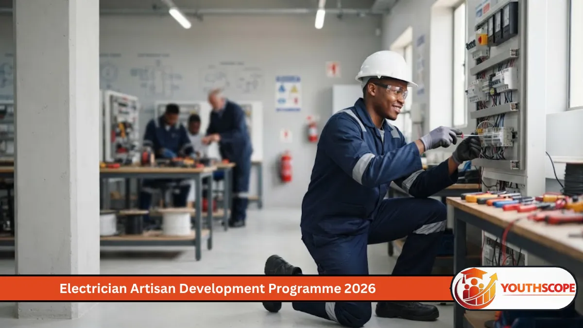 Young South African electrician trainee working on an electrical training panel during artisan development training