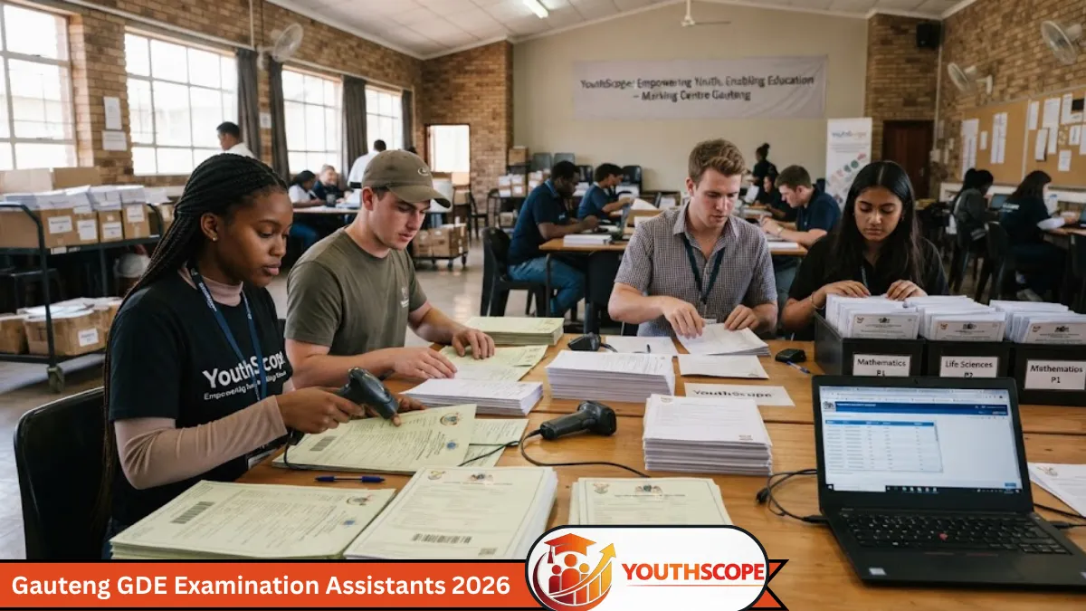 Young South African examination assistants checking scripts at a Gauteng marking centre.