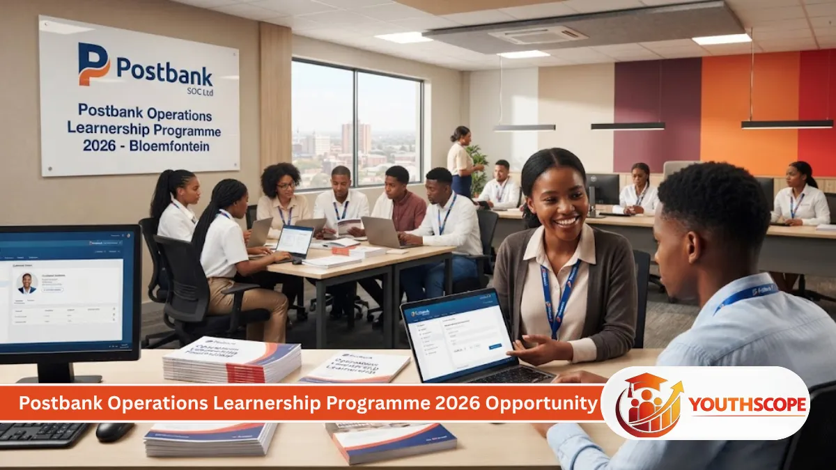 Postbank Operations Learnership 2026 showing young South African learners training in a banking workplace in Bloemfontein.
