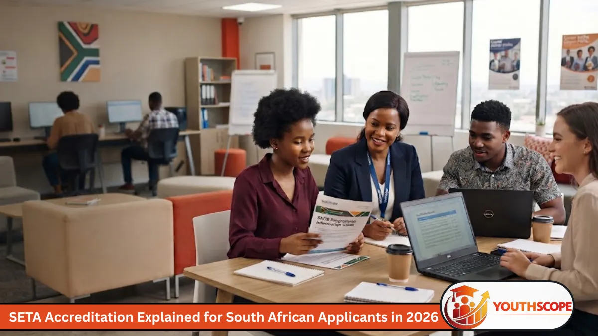 Young South African learners checking training accreditation information at a skills development centre