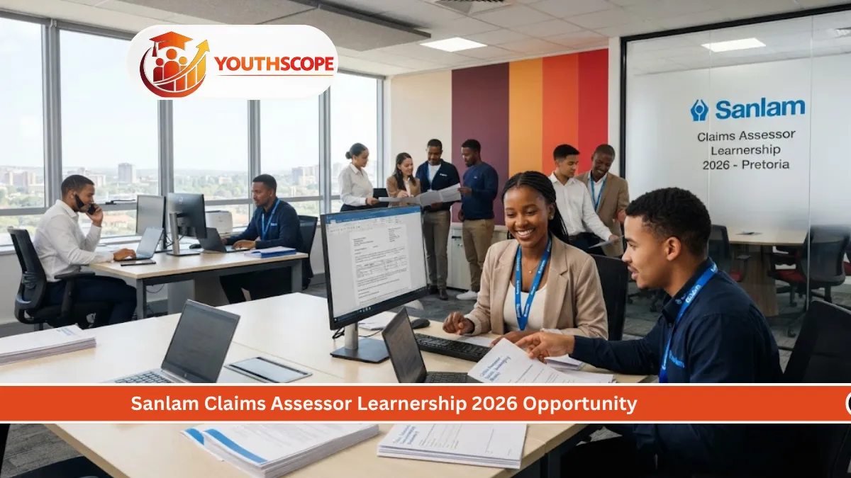 Sanlam Claims Assessor Learnership 2026 showing young South African learners working in an insurance office in Pretoria.
