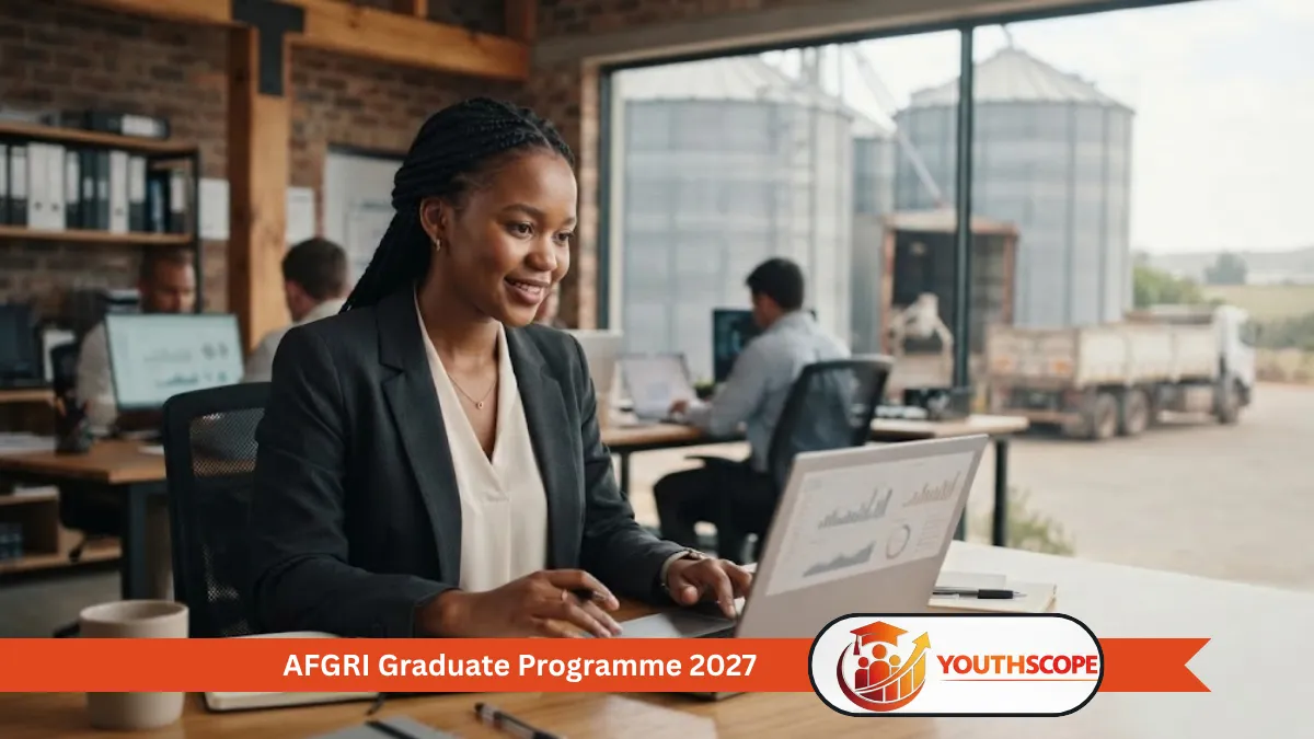 Young South African graduate working with agricultural market data in a professional grain-management environment.