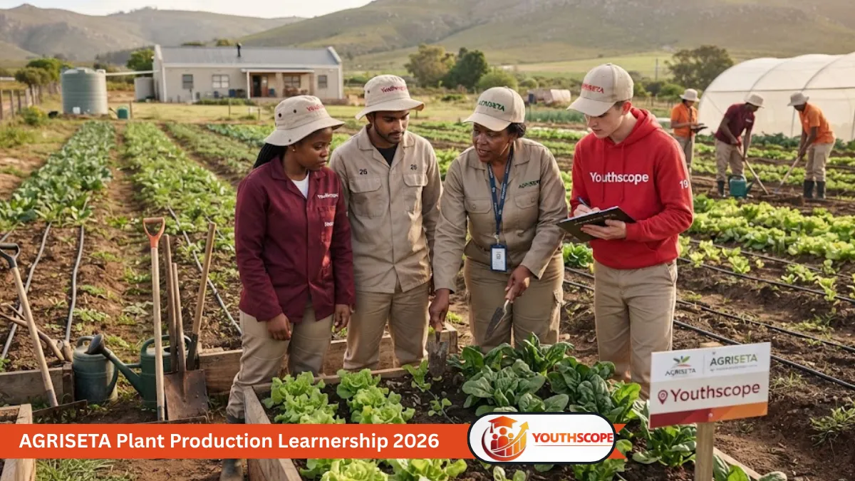 Young South African learners receiving practical plant production training on a farm