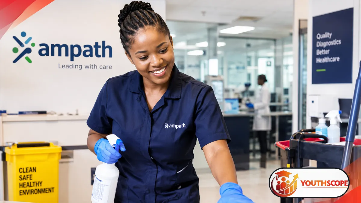 Young South African cleaner working in a modern healthcare facility in Welkom