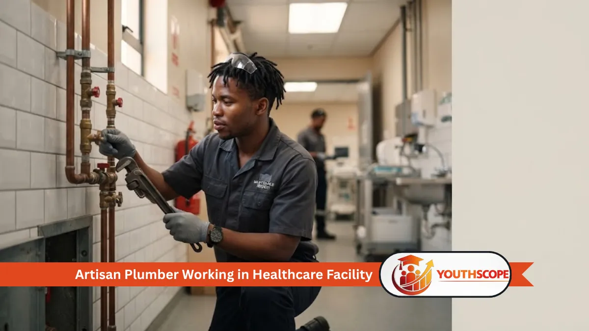 South African plumber carrying out maintenance work inside a healthcare facility