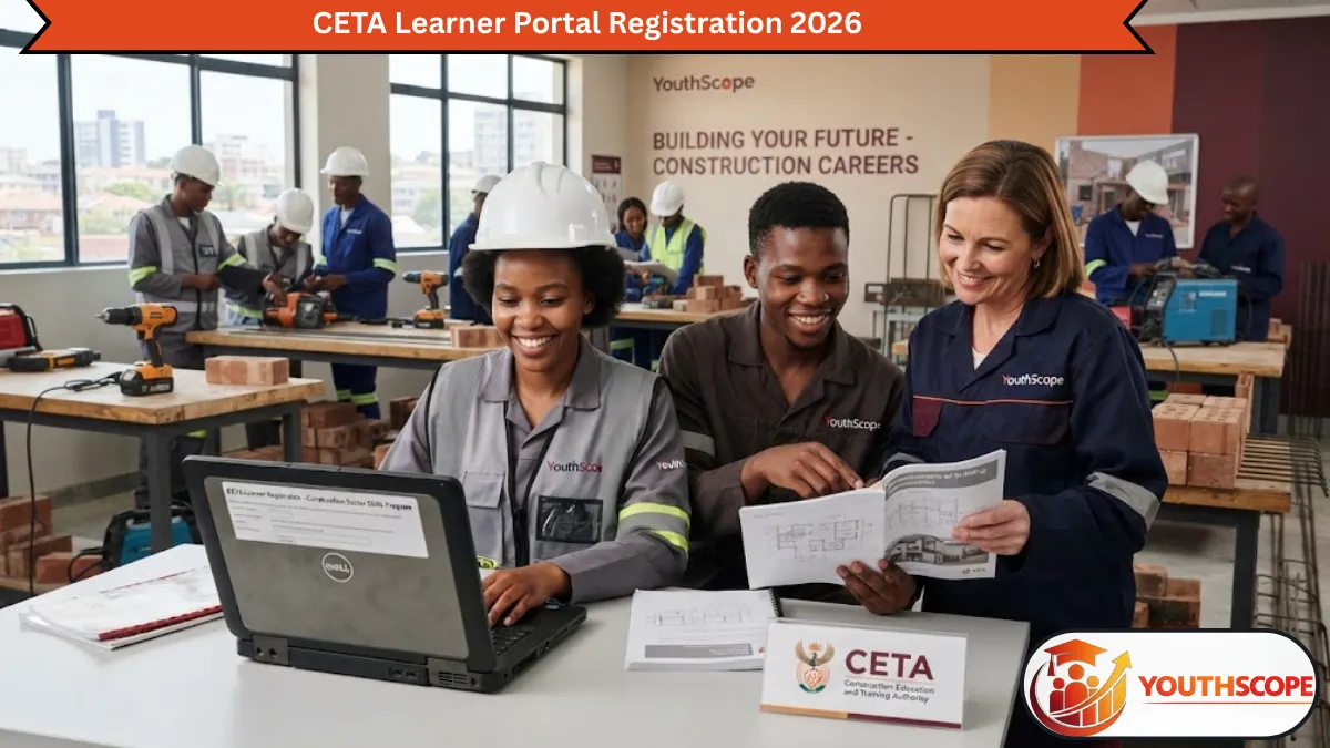 CETA learner registration 2026 with young South African construction learners using a laptop