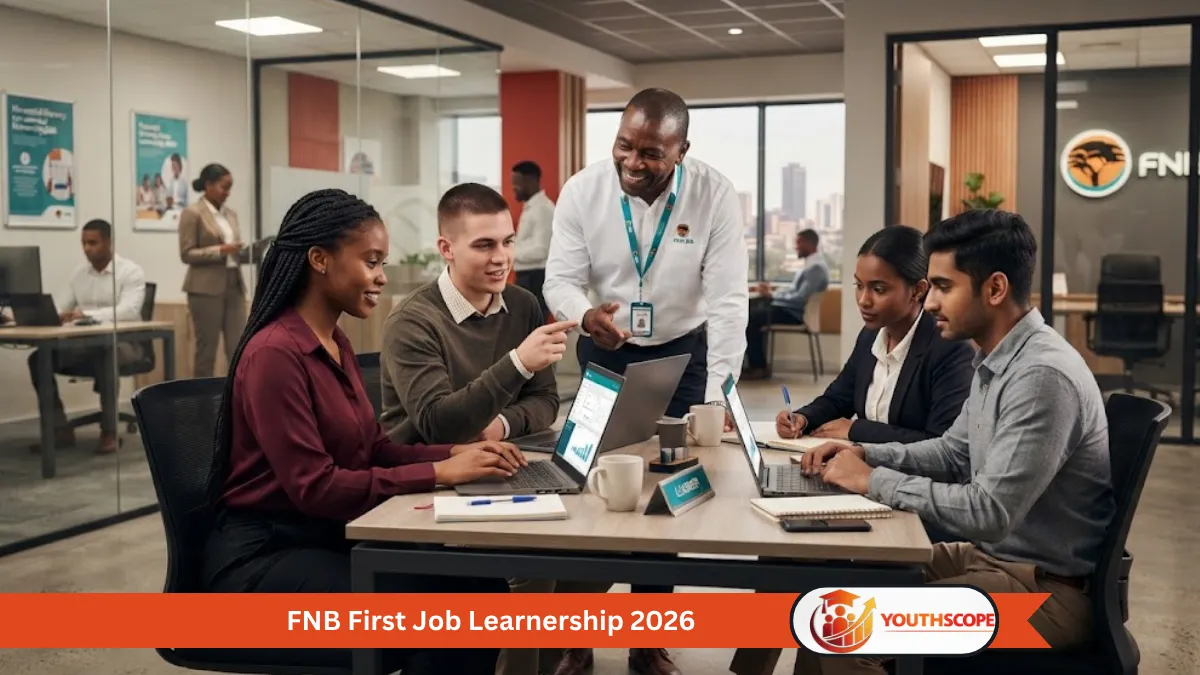 Young South African learners gaining workplace experience in a banking office for the FNB First Job Learnership 2026.