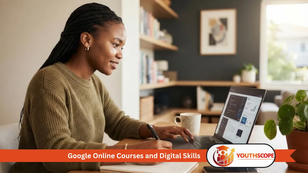 Young South African learner taking an online digital skills course on a laptop.