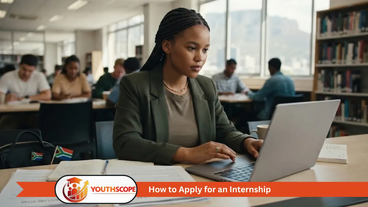 South African graduate preparing an internship application on a laptop