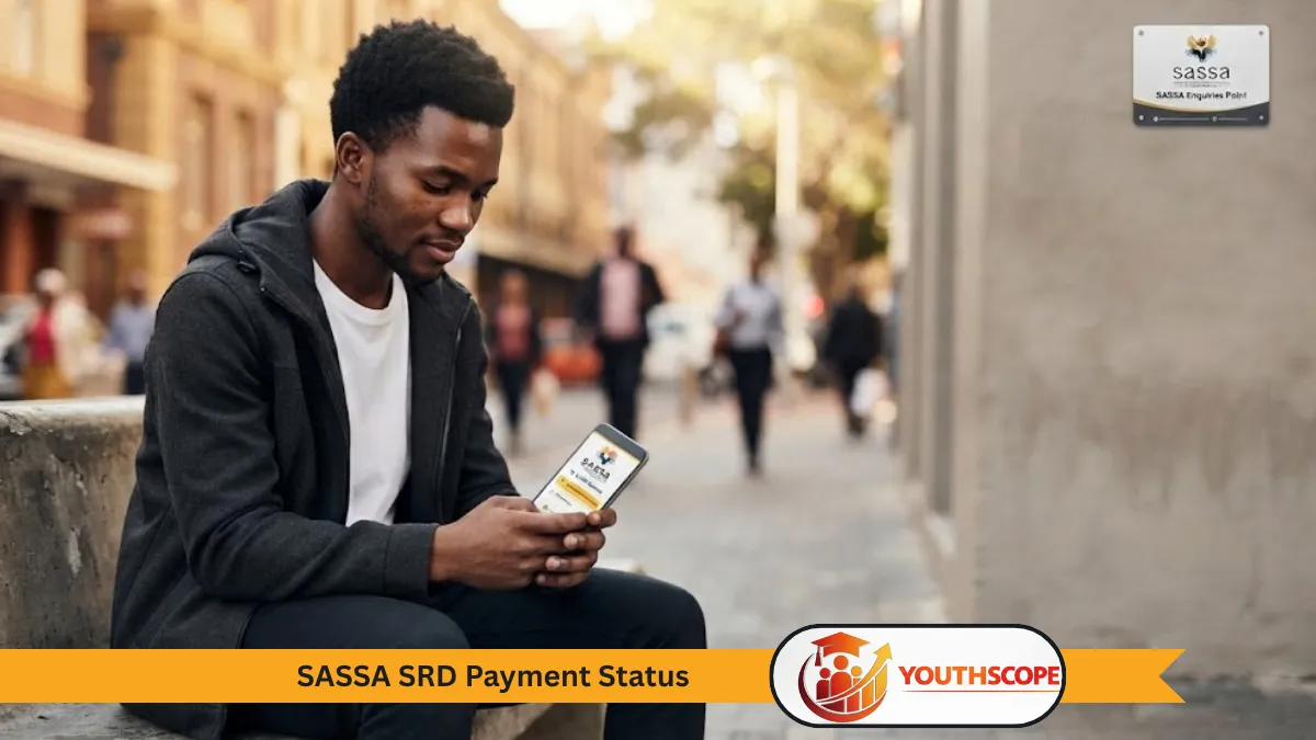 Young South African adult checking a smartphone in an urban setting.