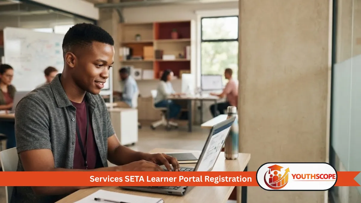 Young South African learner using a laptop for Services SETA skills development registration