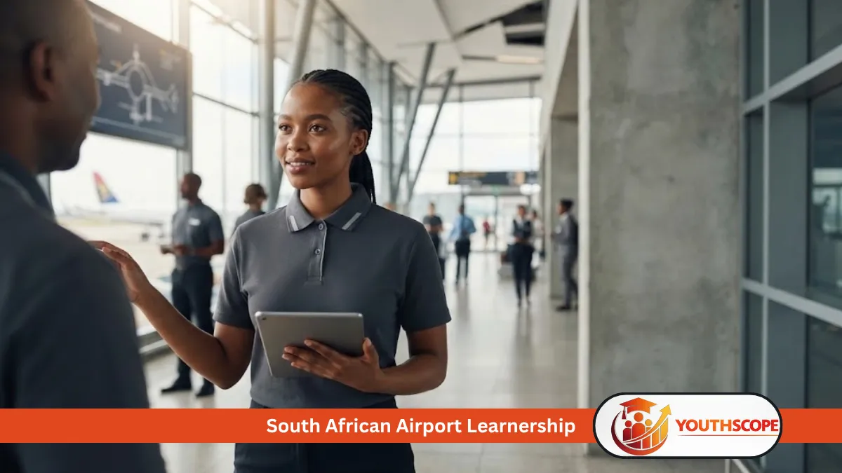 Young South African learner participating in workplace training in a modern airport environment.