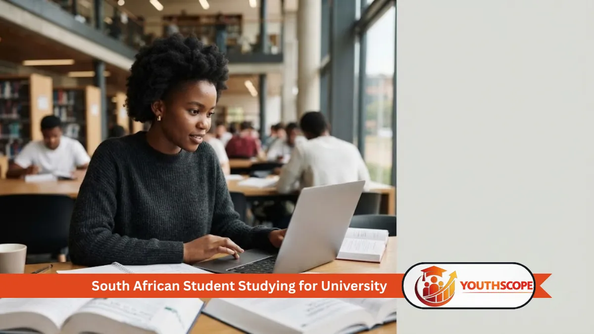 Young South African university student studying with a laptop on campus