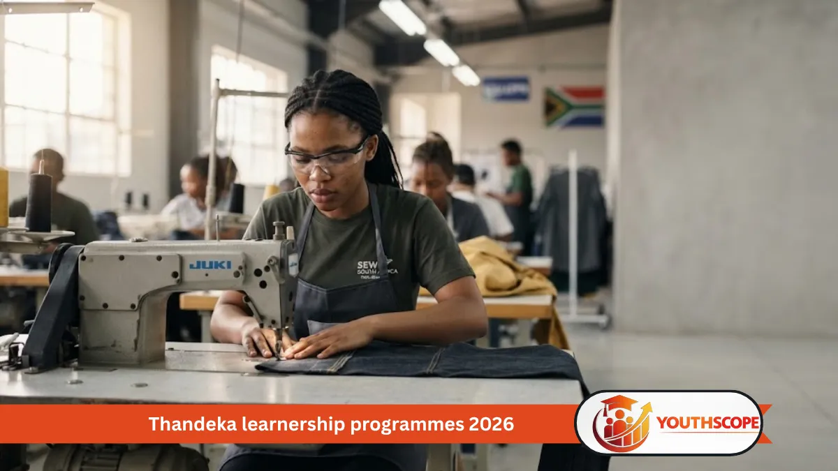 Young South African learner receiving practical clothing manufacturing training in a factory.