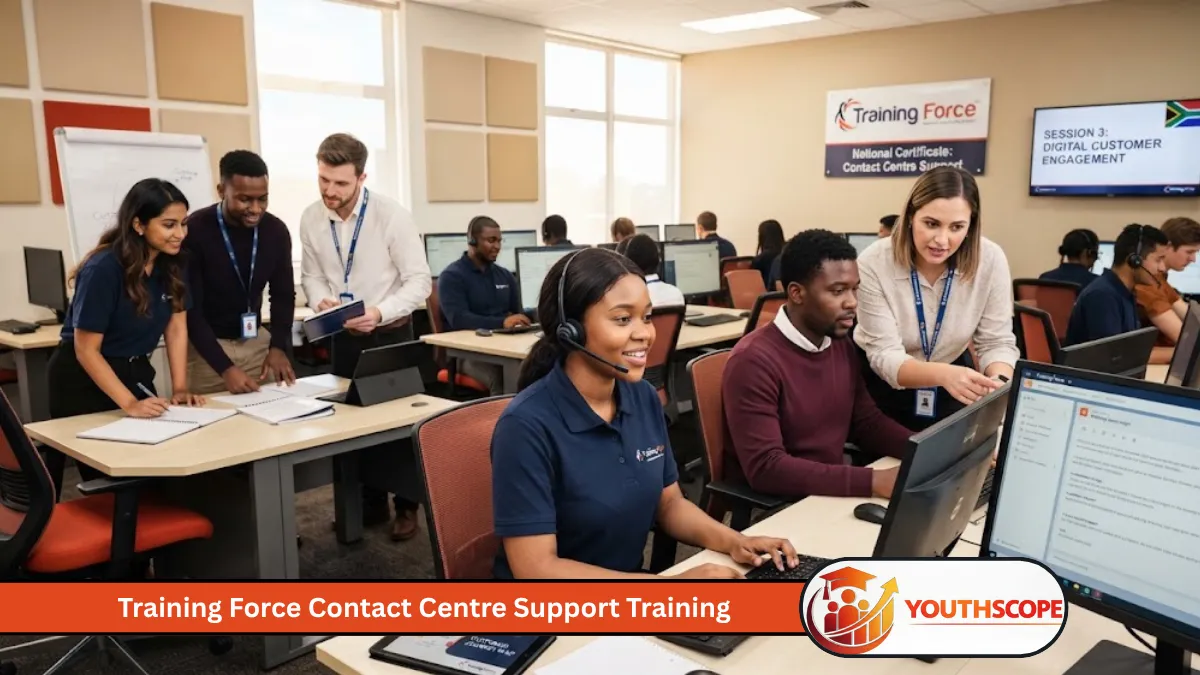 Young South African learners completing contact centre training on computers