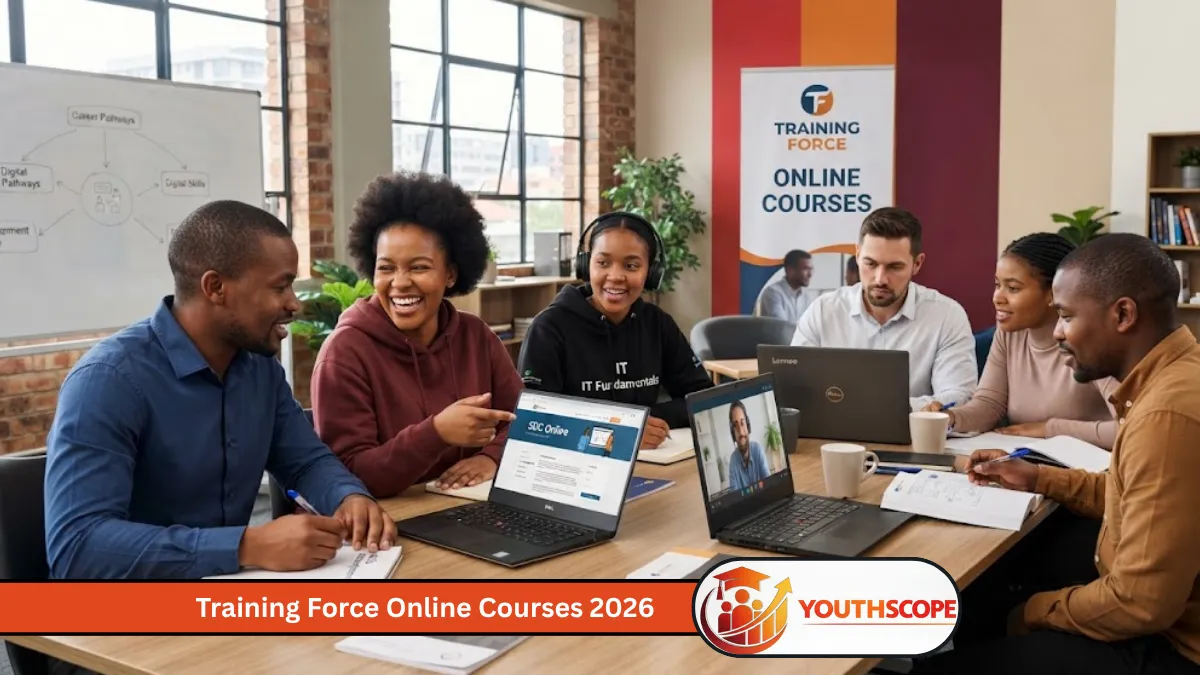 Young South African students studying Training Force online courses on laptops