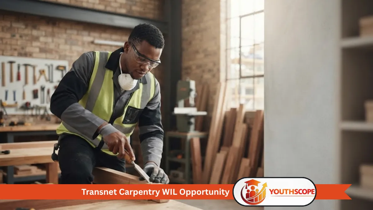 Young South African carpenter performing practical maintenance work in a professional workplace.