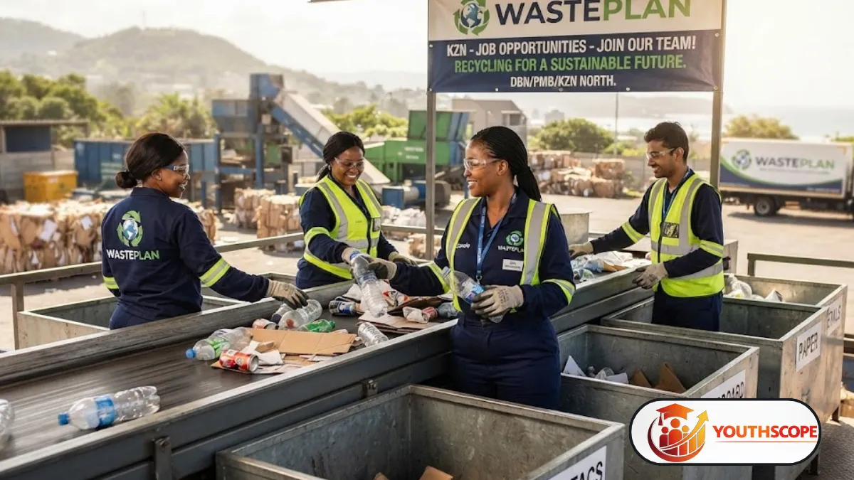 South African waste sorter separating recyclable materials at a recycling facility