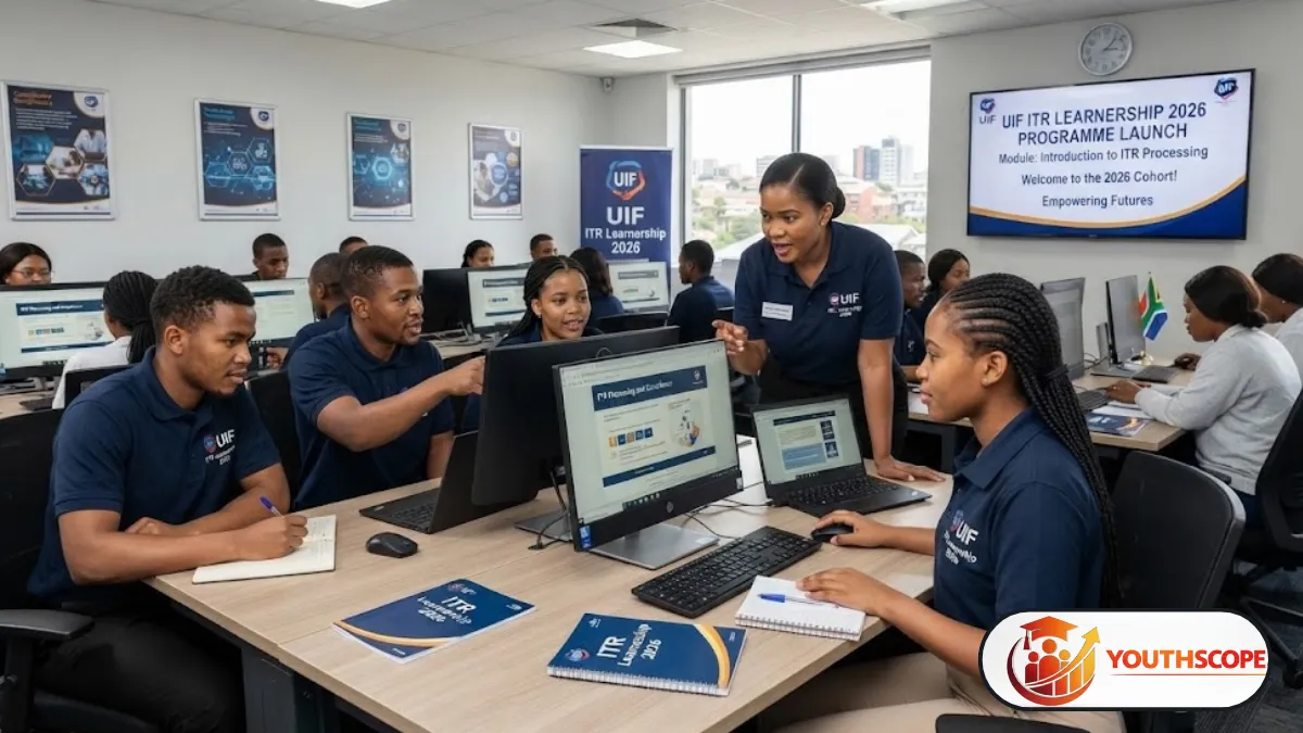 Young South African learner using a computer during vocational training.