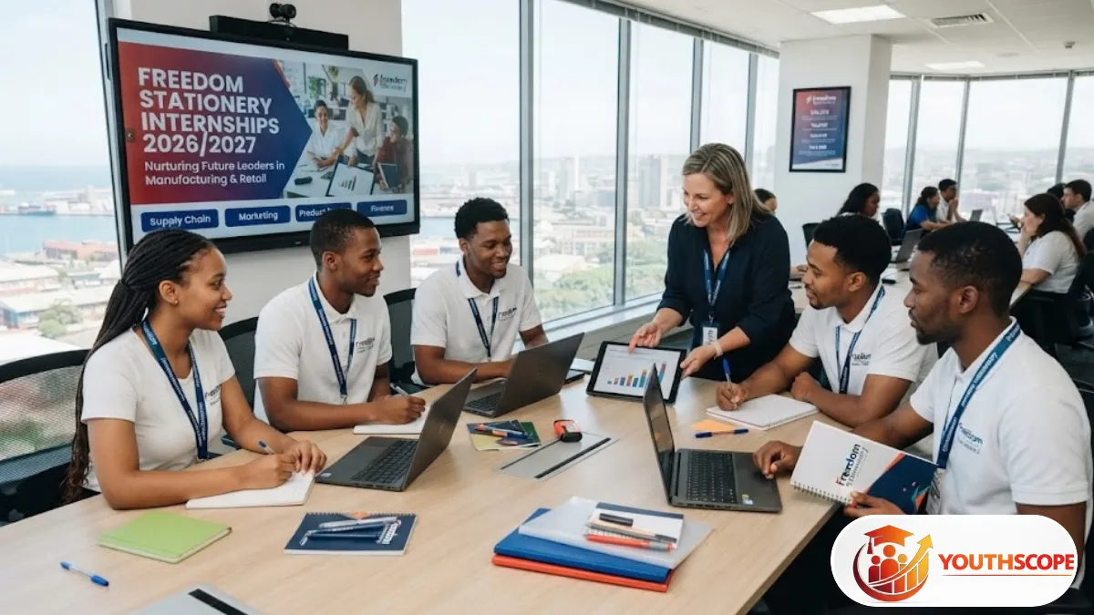 Young South African graduate working at a laptop in a modern office