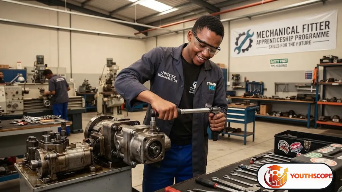 Young South African apprentice working with industrial machinery in a maintenance workshop