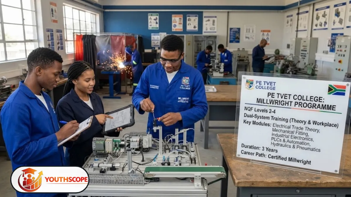 Young South African student receiving practical technical training in an industrial workshop.