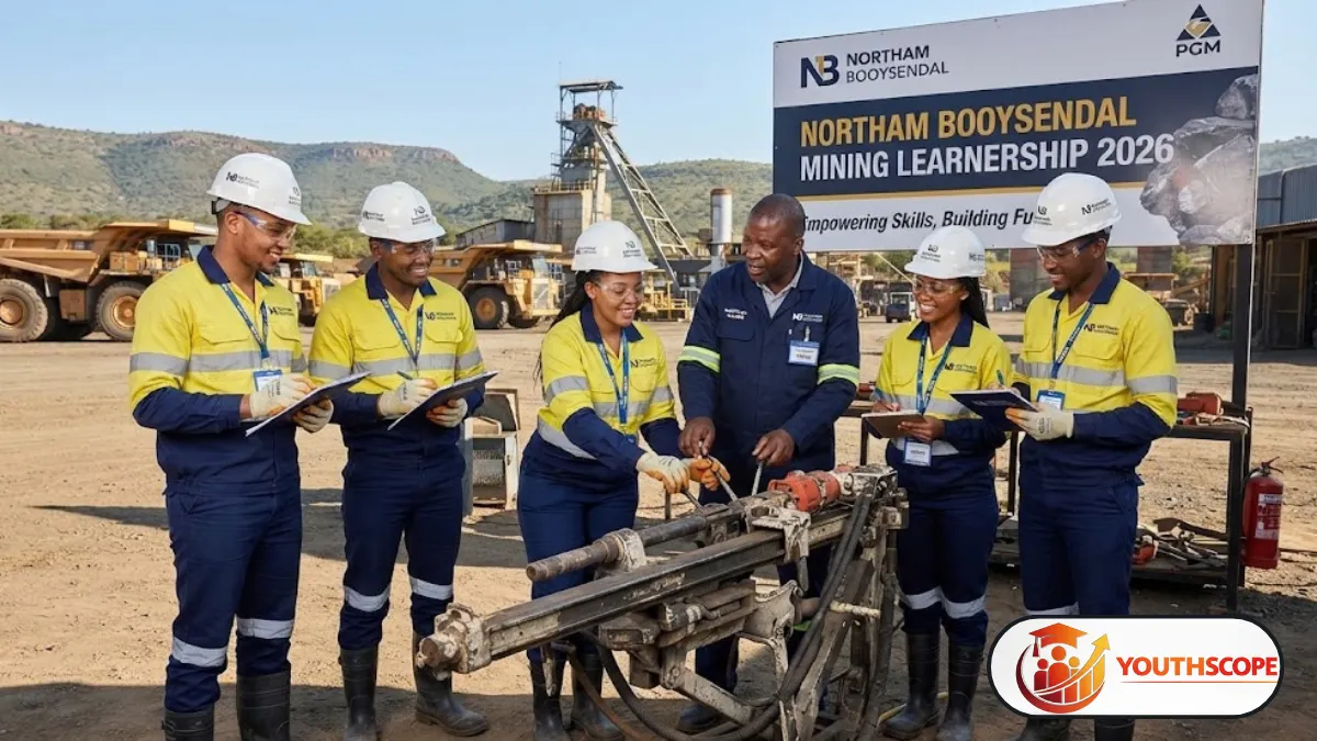 Young South African mining trainee wearing safety equipment in a mechanised mining environment.