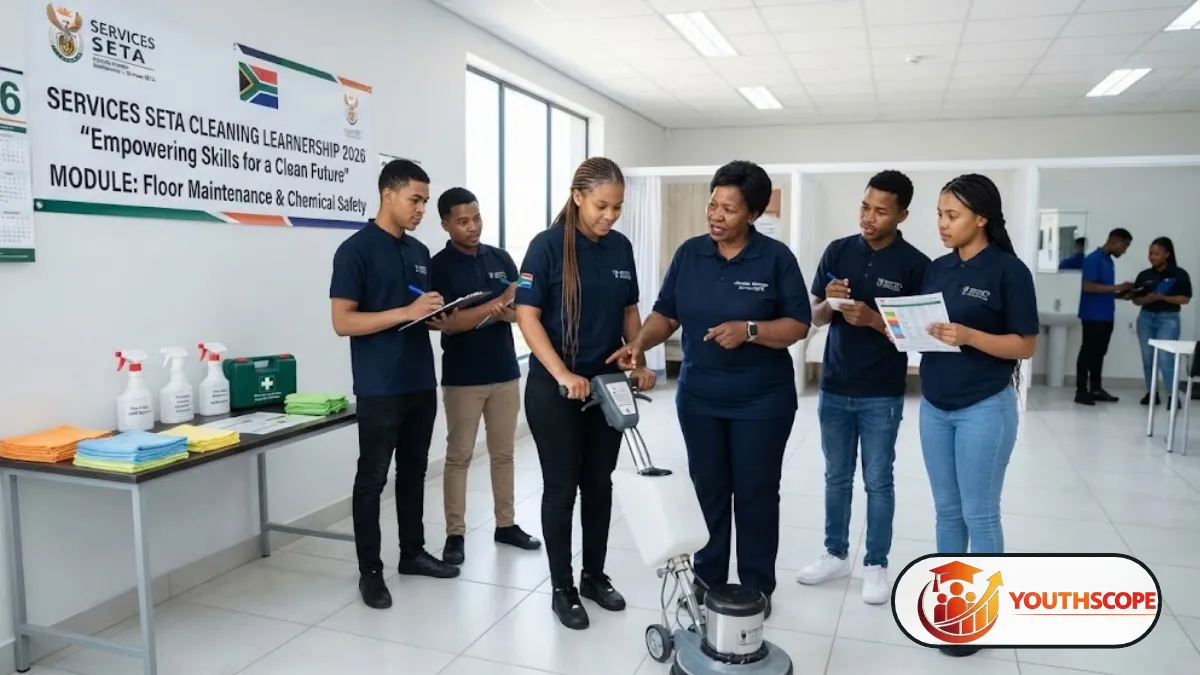 Young South African learner participating in practical cleaning and hygiene training in a professional workplace.