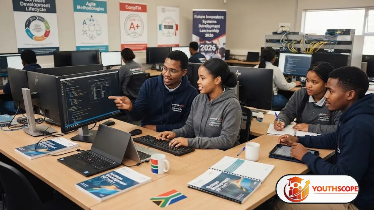 Young South African learner studying systems development on a computer in an ICT training environment.
