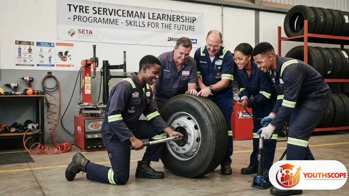 Young South African learner developing practical tyre servicing skills in a workshop