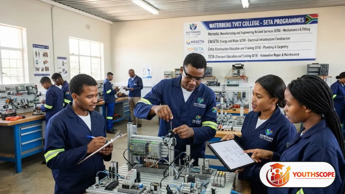 Young South African learners receiving practical training at a TVET college workshop
