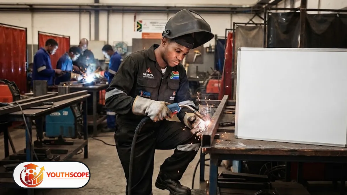 Young South African welding learner training in an industrial workshop